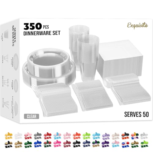 350 Pcs Clear Plastic Plates For Party, Clear Disposable Plates Set, 50 Of Each 9" Dinner Plate Set, 7" Dessert Plate, Cups, Napkins & Cutlery Plastic Dinnerware Exquisite