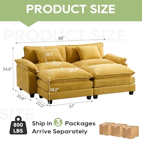 Image of Oprisen 86 inch Modular Sectional Sofa, Comfy Cloud Couch Sectional Sofa with Ottoman, Chenille Sofa Sleeper Deep Seat Sofa with Throw Pillows for Living Room (Yellow)