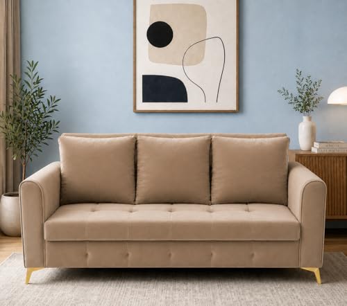 Image of Adorn India Premium Mystic - 3 Years Warranty - 3 Seater Sofa Cum Bed Velvet Suede Fabric - Beige