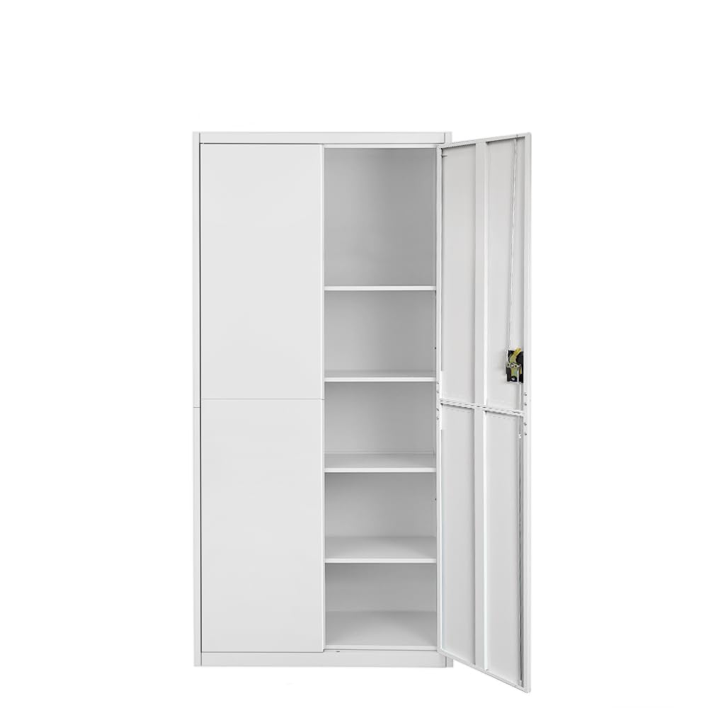 Meuble de rangement en métal avec 2 portes et 5 étagères - 185 cm de haut (gris/blanc, 5 niveaux)