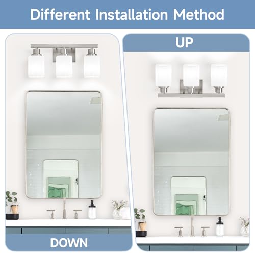 Image of 3-Light Bathroom Vanity Light,Brushed Nickel Vanity Lights with Square Frosted Glass,Modern Bathroom Wall Lights Fixtures Over Mirror,Wall Sconces Lighting for Bedroom Living Room,E26