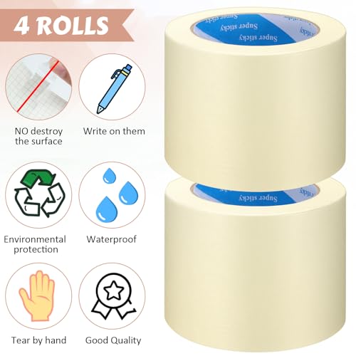 Image of Fainne 4 Inch 4 Rolls Masking Tape Bulk 0.8 /1 / 1.88 /3 / 4 in X 55 Yards General Purpose Tape for Classroom, Labeling, Crafts, Office, School Projects, Easy Tear & Clean Removal, Beige White