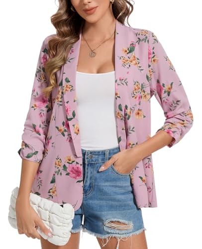 MINTLIMIT Chiffon Blazers for Women Dressy Shawl Collar Blazer Jacket Open Front Casual Fitted Suit Jackets(Floral Pink, M)4