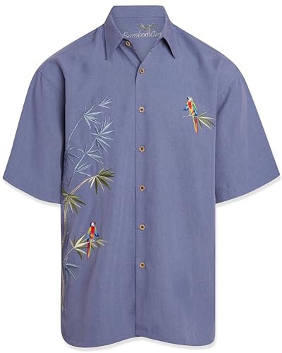 Bamboo Cay Embroidered Mens Short Sleeve Flying Parrots Tropical Hawaiian Button Down Shirt (Medium, Infra Blue)