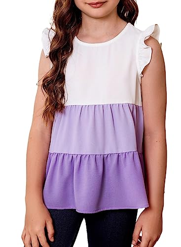 Blibean Tween Girls Basic Round Neck Tee Shirts Preteen Ruffle Sleeve Loose Sleeveless Blouses For Party 6-7 Years Lavender Purple #TOP9