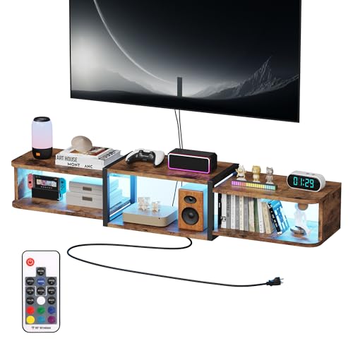 Qupui 47.2'' Wall-Mounted Floating TV Stand with LED Lighting, Modern Wooden Media Shelf Featuring Built-in USB Ports and Electrical Outlets. Under-TV Storage for Living Room, Bedroom, Brown