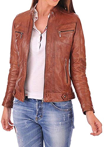 D DOLLY LAMB Women's Lambskin Leather Bomber Biker Jacket Small Tan