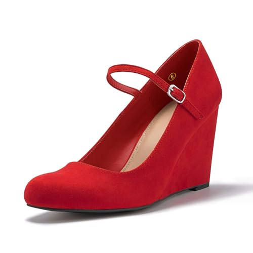 Image of Coutgo Womens Wedge Pumps Dressy Mary Jane Shoes Comfort Wedges Closed Toe Ankle Strap Heeled Shoes