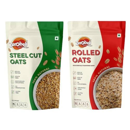 Image of Zerobeli Gluten Free Steel Cut Oats 1kg (Pack of 2) And Rolled Oats Combo 100% Wholegrain, High Protein & Fiber, Healthy Food with No Added Sugar and Preservatives, Rich in Antioxidants Breakfast