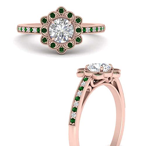 Image of 55Carat Choose Your Gemstone Milgrain Floral Halo Diamond CZ Ring Rose Gold Plated Round Shape Halo Engagement Rings Everyday Jewelry Wedding Jewelry Handmade Gifts for Wife US Size 4 to 12