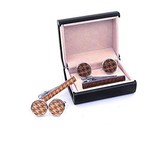 Uteruik Heren Manchetknopen Tie Clip Pin Houten Houndstooth Gedrukt Tie Pin Shirt Manchetknopen voor Mens Bruiloft Geschenken met Gift Box (#A) - Image 8