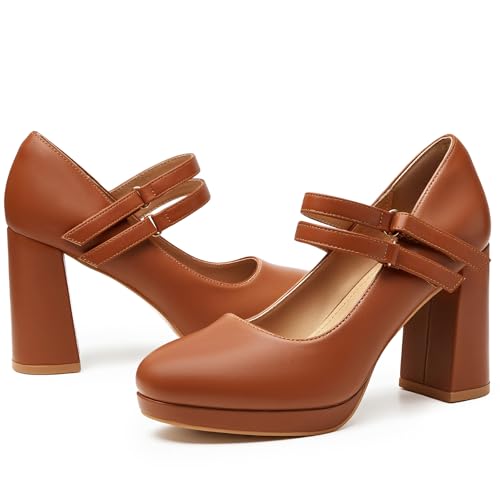 Trary Brown Mary Jane Heels, Chunky Block, Size 9.5