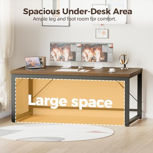 Image of Mericonia 63 Inch Computer Desk, 1 inch Thick Large Office Table, Walnut | Modern Simple Style, Heavy Duty Industrial Frame, Large Study & Writing Table for Home Bedroom Work