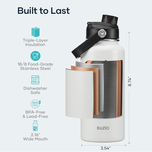 Image of BUZIO Insulated Stainless Steel Water Bottle 32 oz with Straw & Spout Lids