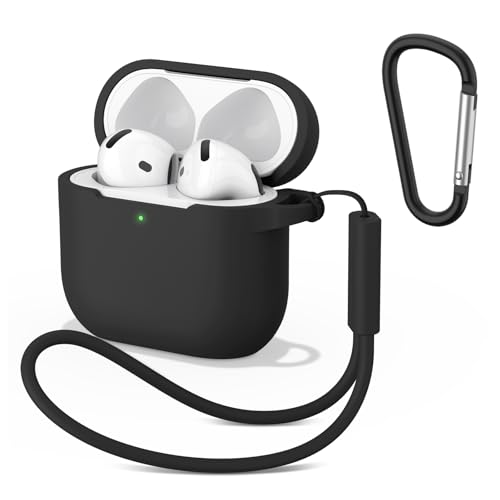 Image of Tobfit Case for AirPods 4 Case Cover 2024 with Lanyard & Keychain, Soft Silicone Protective Case for Apple AirPods 4th Generation, Full Protection, Support Wireless Charging - Black