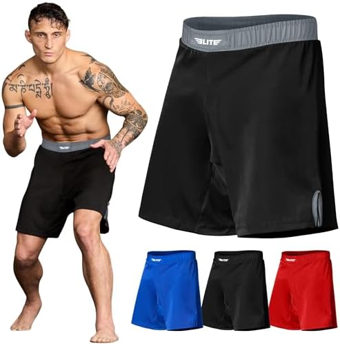Elite Sports Men's MMA, BJJ, UFC Fight Shorts, Black, 8 Inch Inseam