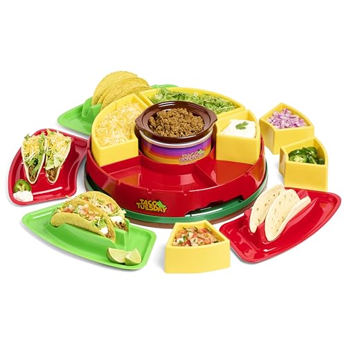 Nostalgia TTLSTB10 Heated Lazy Susan Topping Bar Perfect for Burritos, Nachos, Fajitas, 20-Oz. Warming Pot, Includes 4 Tortilla Holders, Plastic, Red