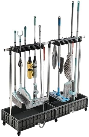 Housekeeping Storage Solution: Garage and Restaurant Broom Closet Cabinet with Cleaning Supplies Organizer and Mop and Broom Holder Cleaning Carts on Wheels Included