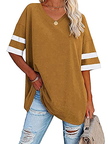 T-shirt femme grande taille XXL col v manches courtes été couleur moutarde