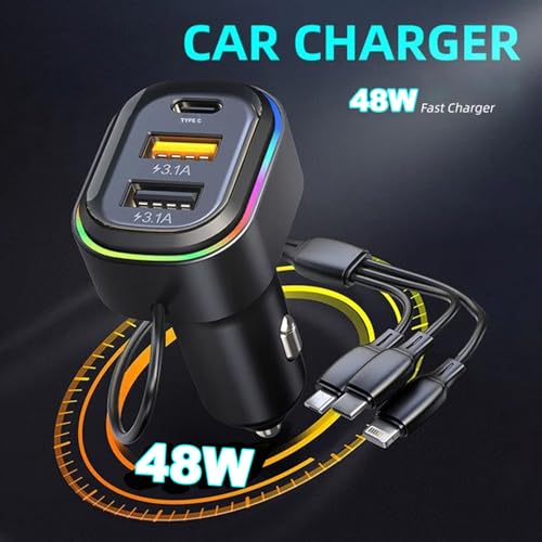 Image of ETH 2 USB + 1 Type-C Phone Super Fast Charging Adapter 48W Car Charger with 3-in-1 Charging Cable