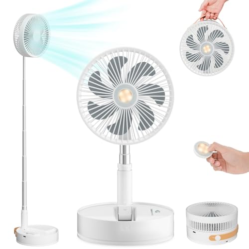 Portable Oscillating Standing Fan with Remote Light Timer, Rechargeable 7200mah Battery Operated Fan Personal Foldaway Fan Cordless Small Desk Floor Fan Pedestal Fans for Room Office Camping Travel