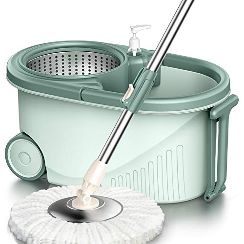 Juego de fregona giratoria y Cubo, fregona giratoria de 360° con 2 Cabezales de fregona de Microfibra de Repuesto, Mango Ajustable de Acero Inoxidable, fregona giratoria para Limpiar Suelos (Verde) Cover
