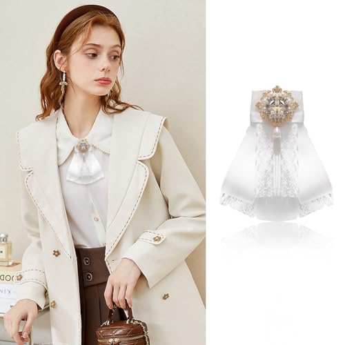 Image of Lace Ribbon Bow Tie Brooch Rhinestone Pearl Necktie for Girl Women Fashion jabot collar brooch pins Pre-Tied Corsage