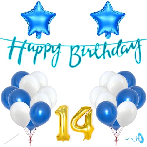 Image of Flyloons 14th Happy Birthday Decoration Kit Blue White for Boys Girls Kids Twins Men Women With 20 Pcs Metallic Balloons Birthday Banner 2 Pcs Star Items Set