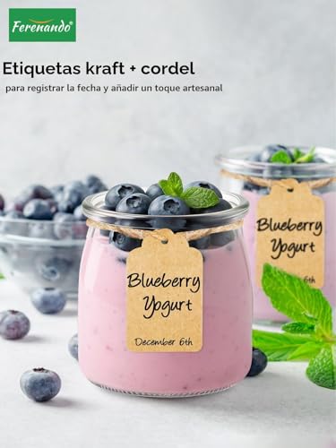 Miniatura 5 de Ferenando 12 Piezas Vasos Yogurtera Con Tapa Cucharada, 200ml Botes Cristal Pequeños, Tarros De Cristal Con Tapa Pequeños, Papel Kraft Y Cordel Para Yogur, Postres, Flanes, Mermeladas, Miel