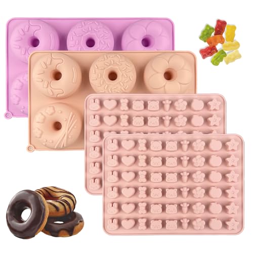 2Pcs Non-Stick Doughnut Mould, 6 Cavity Dishwasher & Microwave Safe Silicone Donut Tray, 2Pcs 54 Cavity BPA Free Gummy Bear Moulds, Bagels Baking Pan, Flexible Donut Baking Mold for Muffin Cupcake