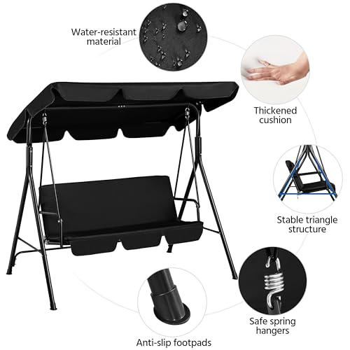 Image of Yaheetech 3-Seat Patio Swing Chair, Adjustable Canopy & Seat Cushion, Black | Outdoor Glider Swing, 550lb Capacity, Tilting Sunshade, Anti-Slip Pads, Weather-Resistant Fabric, Ez up, Sturdy A-Frame