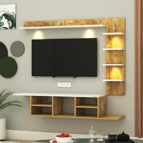 Image of Anikaa LED Light TV Unit Wall Mounted TV Unit Wall TV Stand TV Entertainment Unit TV Cabinet for Living Room, Set Top Box Stand - Giantwood /White (D.I.Y) Ideal for up to 50 inch inches (Giantwood, 130 cm)