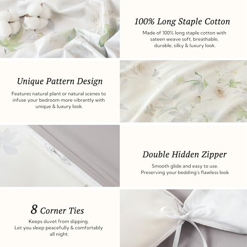 MILDLY Queen Size Duvet Cover Set 100% Long-Staple Cotton Luxury White Floral Patten Reversible Comforter Cover Set 3Pcs