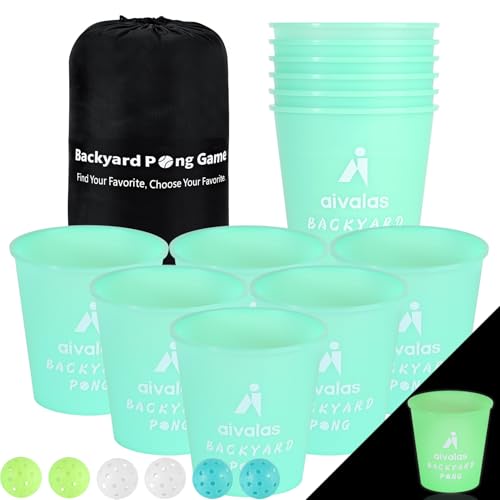 Aivalas Yard Pong Outdoor Games Glow Set in Dark for Adults Family and Kids Giant Yard Pong for Beach Camping Lawn Backyard and Yard Parties with Buckets Balls and Carrying Bag