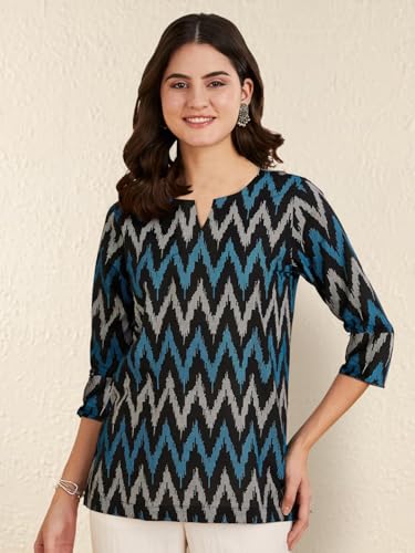 Image of Pinkmint Women's Printed Cotton Blend Short Kurti l All Over Printed V-Cut Neckline Casual Wear Tunic Top's l Ethnic Top's for Girls