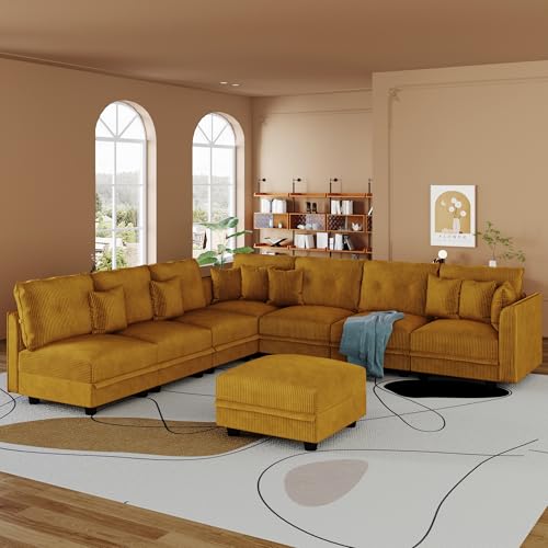 Image of LLappuil Modular Storage Sectional Sofa with Ottoman, U Shaped 8-Seat Corduroy Couch with 7 Throw Pillows, Convertible Sofa Set for Living Room, Skin-Friendly & Soft, Scratch Resistant, Yellow