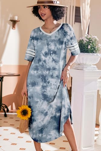 Image of Ekouaer Long Nightgown, Womens V Neck Loungewear Oversized Sleepwear Loose Sleep Dress S-4XL