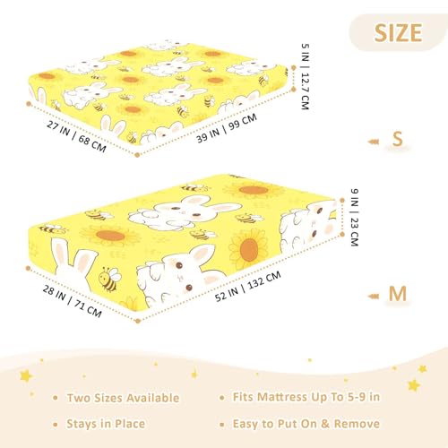 Draps de berceau en coton doux extensible jaune motif lapin