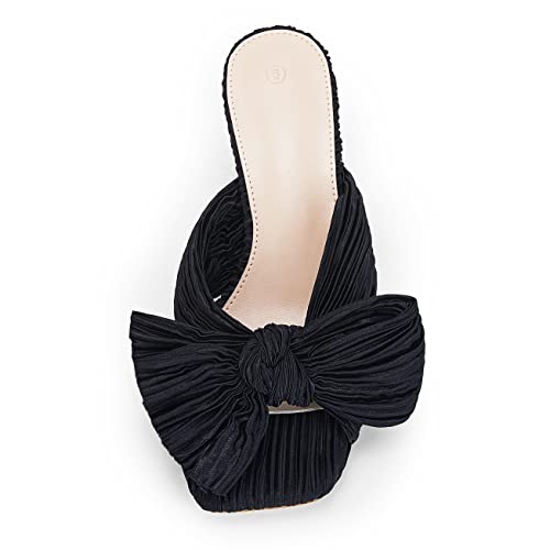Image of Coutgo Womens Bow Heeled Sandals Pleated Bowknot Heels Open Square Toe Cute Kitten Heel Mules Slip On Wedding Dress Shoes