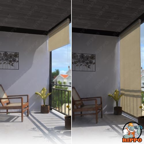 Image of HIPPO Outdoor HDPE Roller Blind Curtain - 95% Sun & UV Protection,reathable Airflow Design, Light Filtering Corded Roll-Up Shade for Balcony & Outdoor Spaces (Sahara-Sand, 3FTX6FT)