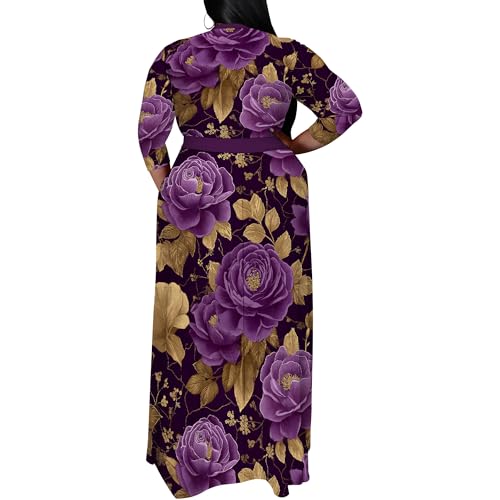 Image of SUZONANA Plus Size Maxi Dresses for Curcy Women Casual Loose 3 /4 Sleeve Long Dress with Belt
