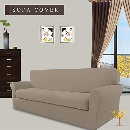 Image of Easy-Going 2 Pieces Stretch Oversized Couch Sofa Slipcover Washable | Spandex Soft Fitted Sofa Couch Cover for Sofa Furniture Protector with Bottom Kids,Pet Dog Natural