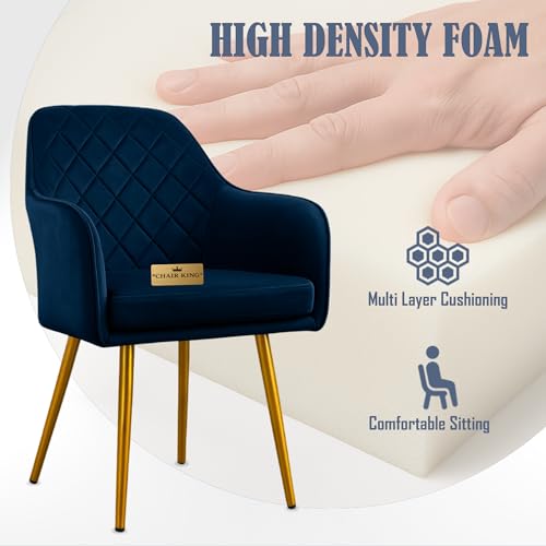 Image of Barfi Velvet Dining Chair | Set of 2 Premium Modern Upholstered Accent Chair with Armrest, Padded Seat and Metal Legs | Comfy Chair for Home, Office & Restaurents | (Blue with Puffy)