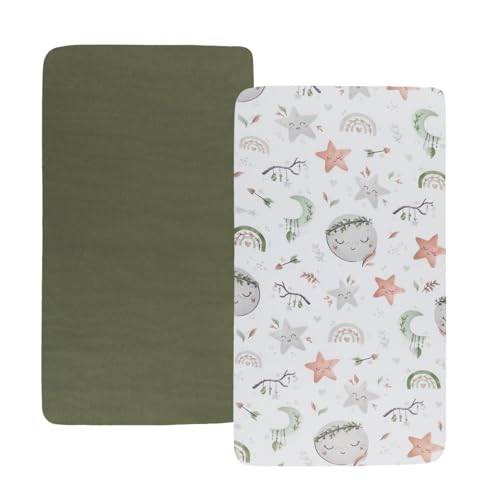 Tontukatu Stretchy Fitted Crib Sheets Set 2 Pack Portable Crib Mattress Topper for Baby Girl Boy,Ultra Soft Jersey Material, Light Green & Moon