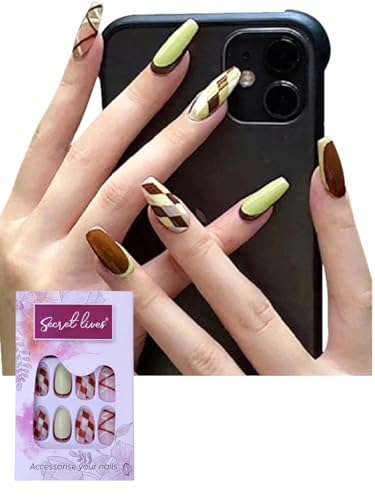 Image of Secret Lives Acrylic Fake Reusable False Artifical Press On Nails Pastel Green & Brown Color Combo 24 piece with kit