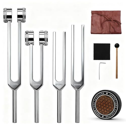 Tuning Fork Set 128Hz 256Hz 384Hz 512Hz – Professional Sound Therapy Kit with Mallet, Rubber Activator, Leather Case, Hex Wrench & Cleaning Cloth, for Chakra/Sound Therapy/Yoga/Meditation