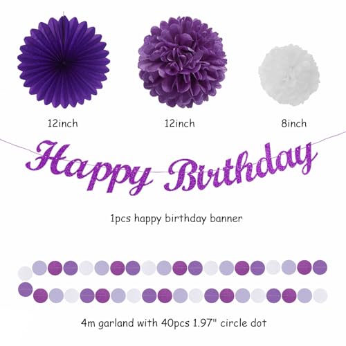 Image of Purple White Birthday Party-Decorations Paper-Flowers - 14pcs Happy Banner Lavender Lanterns Tissue Pom Poms,Lilac Streamers Garland Fans,Women Girls Adult Kids Office Hanging Supplies Decor Hugfond