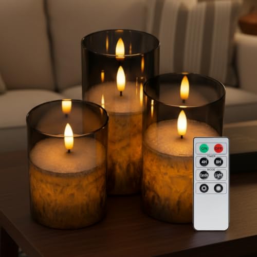 Image of West Ivory Dual LED Full Body Glow w/Metallic Mirrored Tinted Glass Mottled Crystallized Frosted Texture Pillar Candles, 3D Wick, Flicker Flame, Battery Operated, Remote & Timer (Set of 3, Silver)