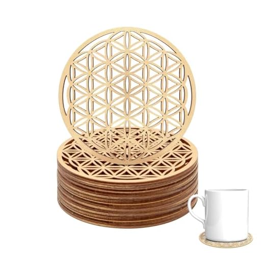 Hugwish Set de 12 Fleur de Vie en Bois pour la méditation (10 X 10 cm), Dessous de Verre en Bois de première Bouleau, déco Fleur de Vie, Arbre de Vie Bois (12)
