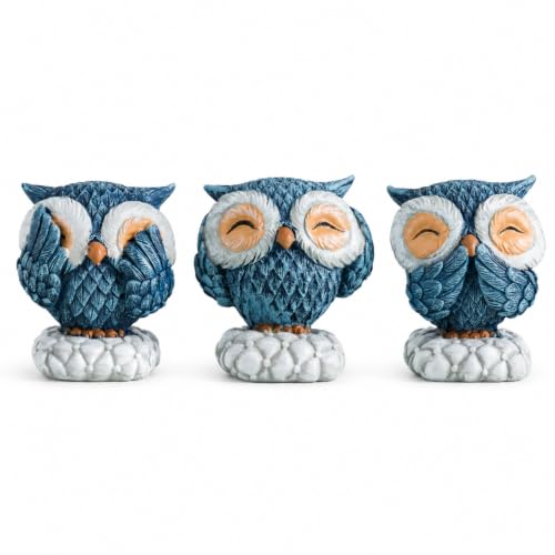 Image of AWNR Cute Owls Statue Set of 3, Blue Resin Owl Decorations for Home Decor, Modern Figurines for Living Room Bedroom Shelf, Gifts for Owl Lovers